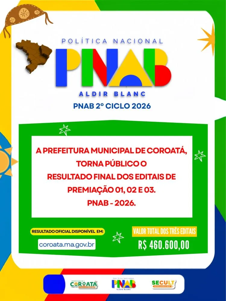 Coroatá divulga resultado final de editais da PNAB 2026, com R$ 460,6 mil destinados à cultura